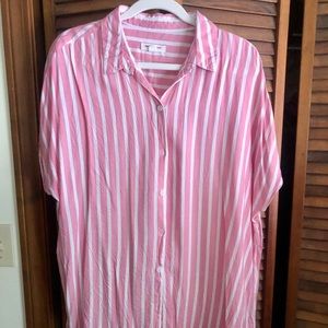Beach Lunch Lounge top short sleeve button up blouse Sz XL pink & white EUC